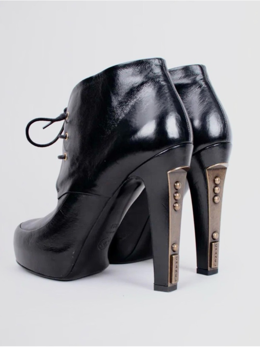 CHANEL Black Leather Logo Heel Lace-Up Platform Ankle Boots - Picture 9 of 15